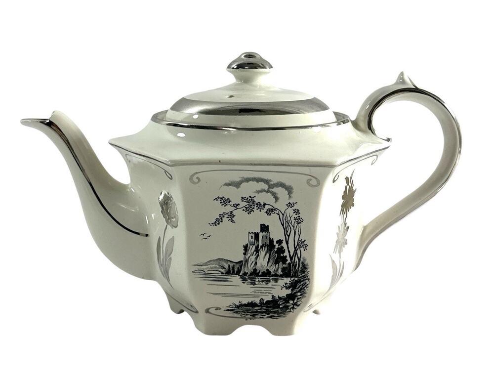 Vintage Sadler England Teapot Silver Gray Castle Floral Transferware 9”